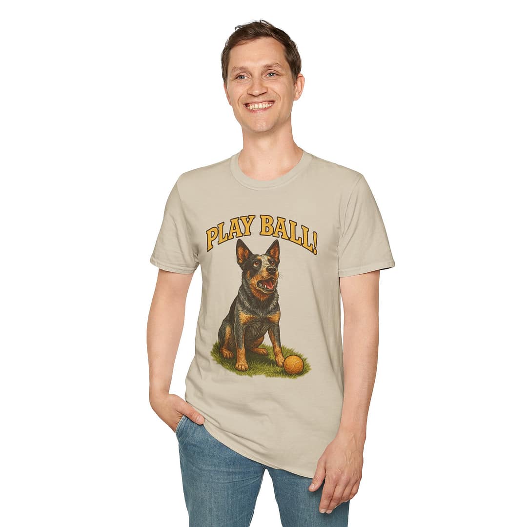 Play Ball! Dog Graphic Unisex Softstyle T-Shirt - Image 2