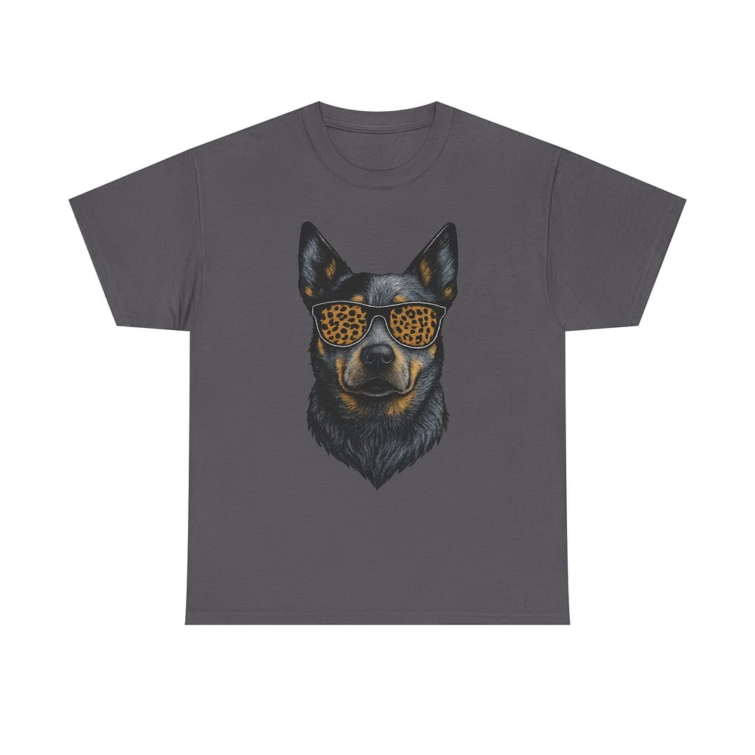 Blue Heeler in Leopard Print Sunglasses Unisex Heavy Cotton Tee - Image 5