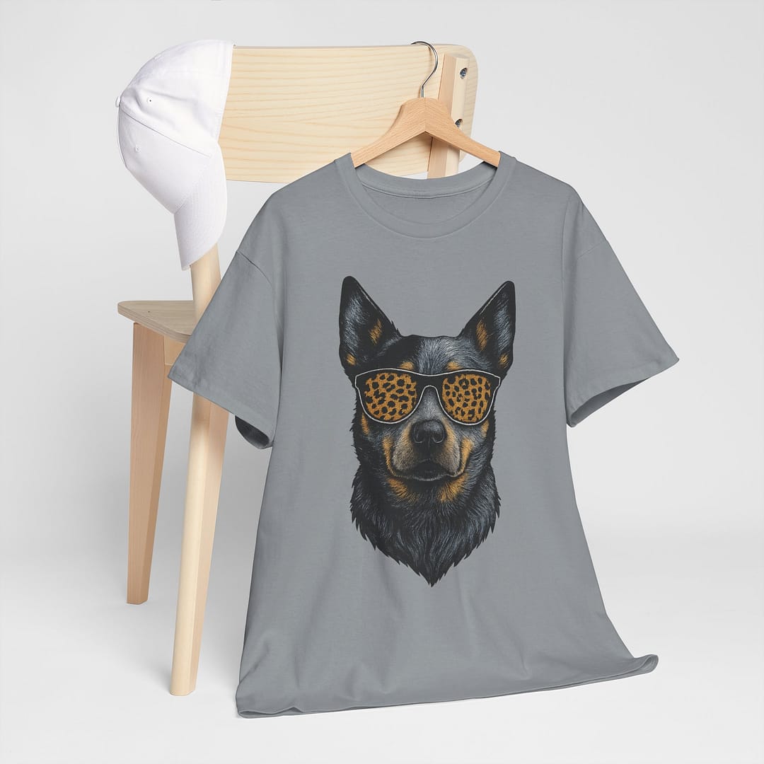 Blue Heeler in Leopard Print Sunglasses Unisex Heavy Cotton Tee - Image 4