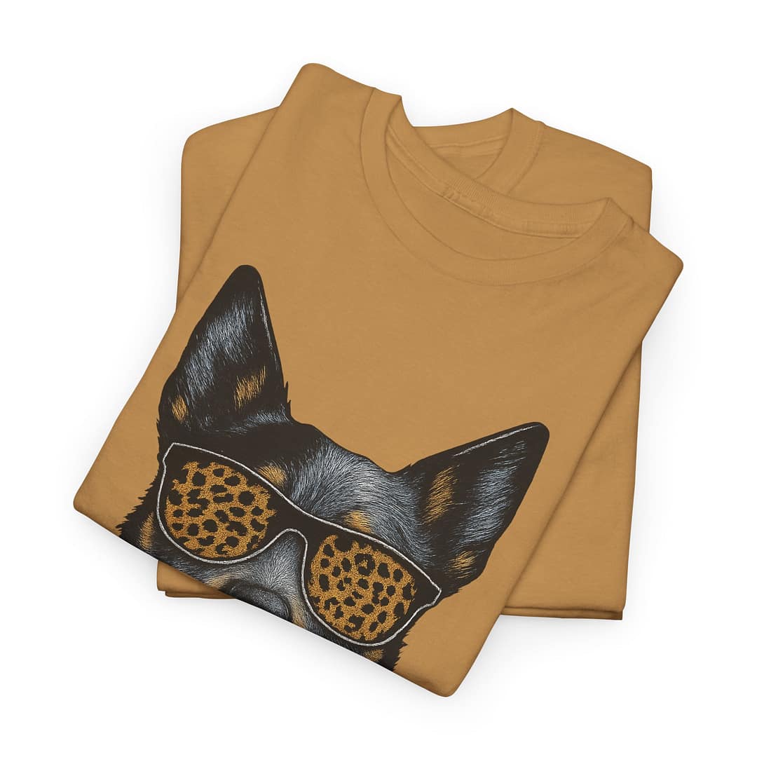 Blue Heeler in Leopard Print Sunglasses Unisex Heavy Cotton Tee - Image 2