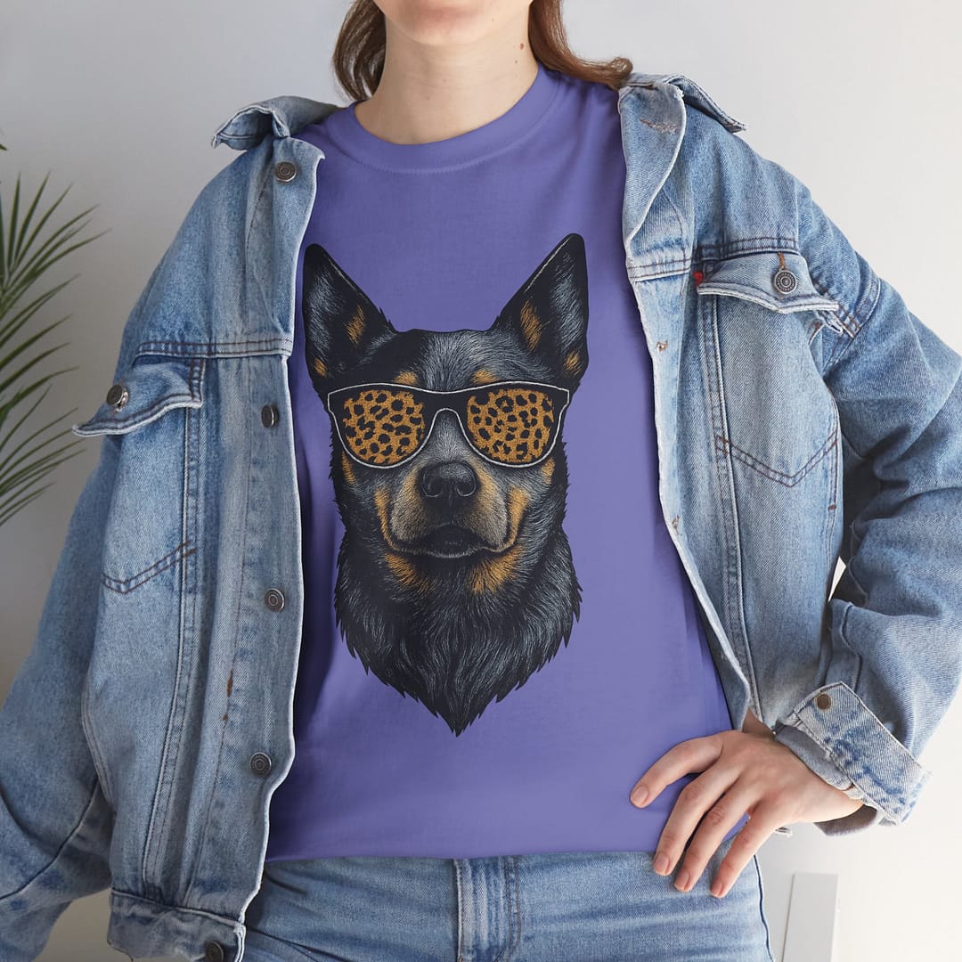 Blue Heeler in Leopard Print Sunglasses Unisex Heavy Cotton Tee - Image 8