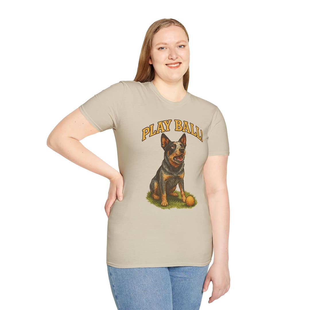Play Ball! Dog Graphic Unisex Softstyle T-Shirt - Image 3