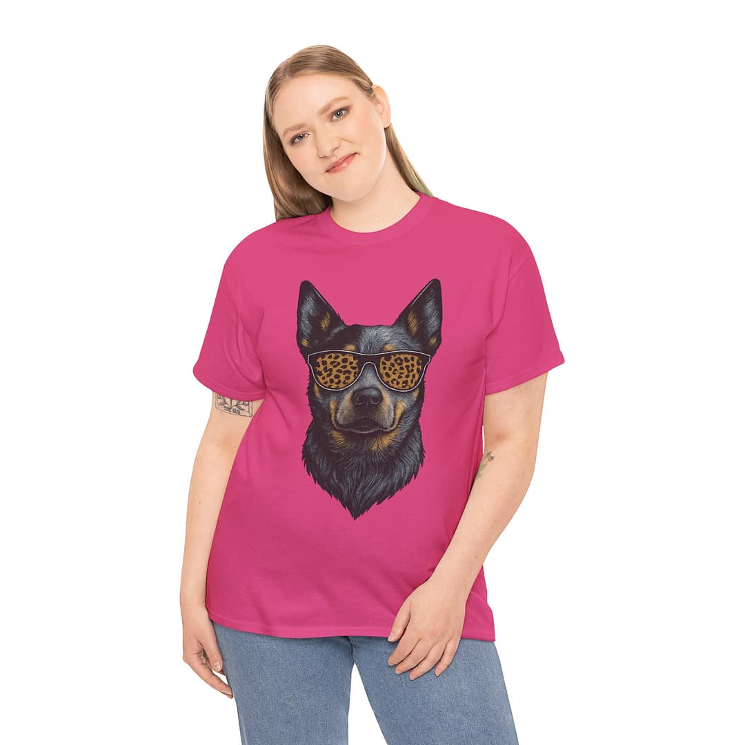 Blue Heeler in Leopard Print Sunglasses Unisex Heavy Cotton Tee - Image 10