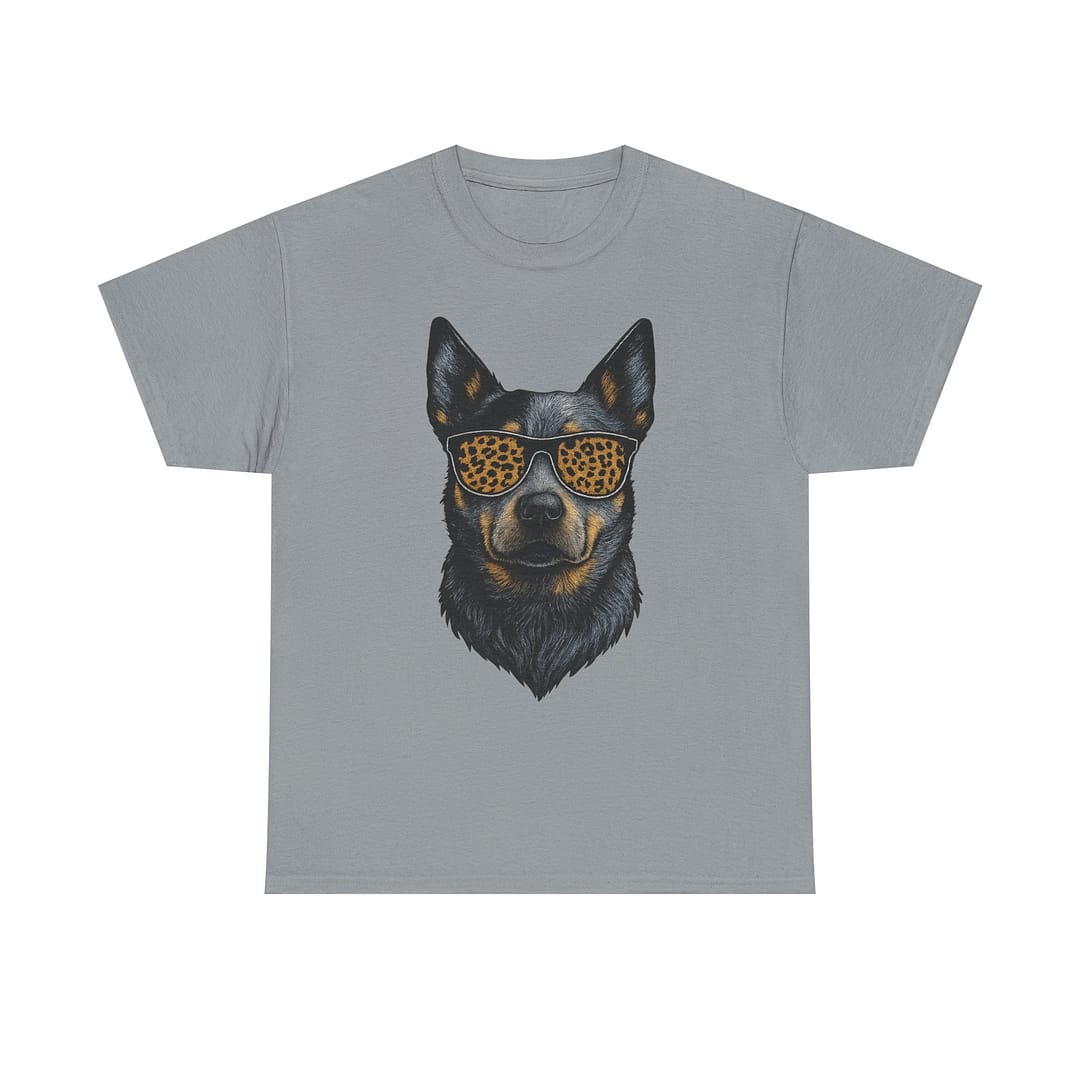 Blue Heeler in Leopard Print Sunglasses Unisex Heavy Cotton Tee - Image 3