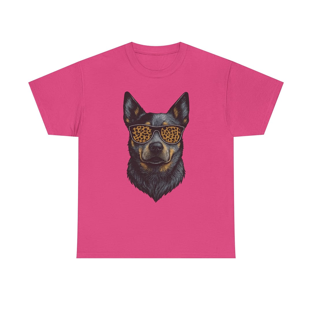 Blue Heeler in Leopard Print Sunglasses Unisex Heavy Cotton Tee - Image 9