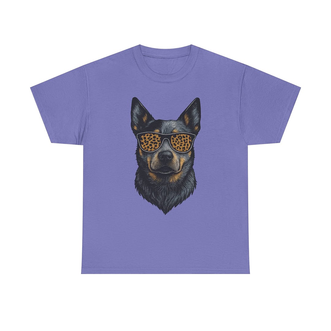 Blue Heeler in Leopard Print Sunglasses Unisex Heavy Cotton Tee - Image 7